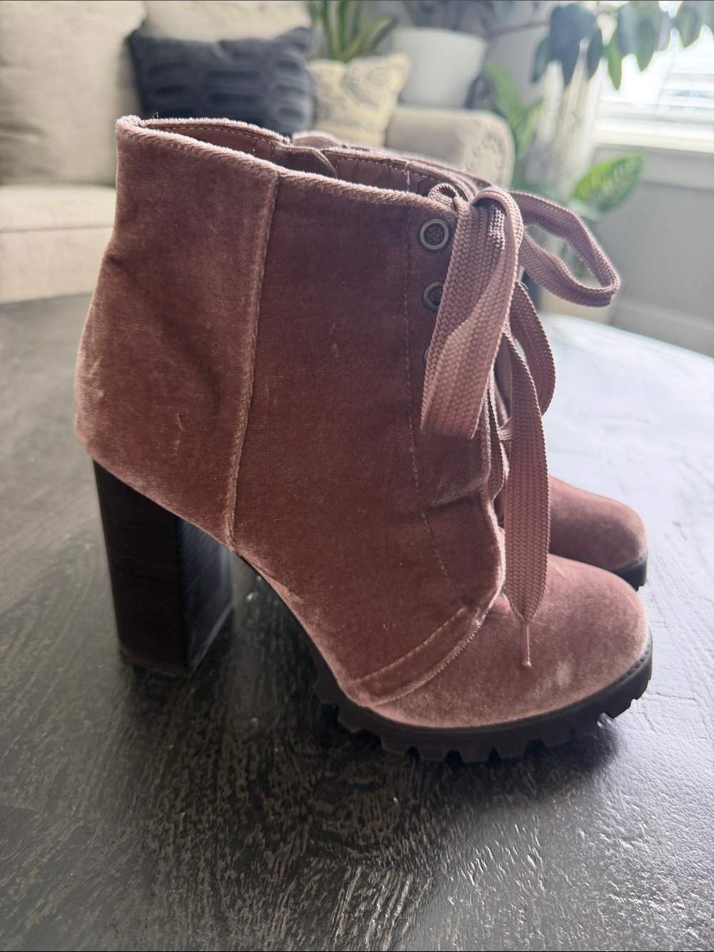 Call It Spring Mauve Velvet Lace-Up High Heel Ankle Boots